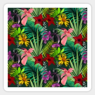 Elegant tropical flowers and leaves pattern purple illustration, dark green tropical pattern over a Sticker